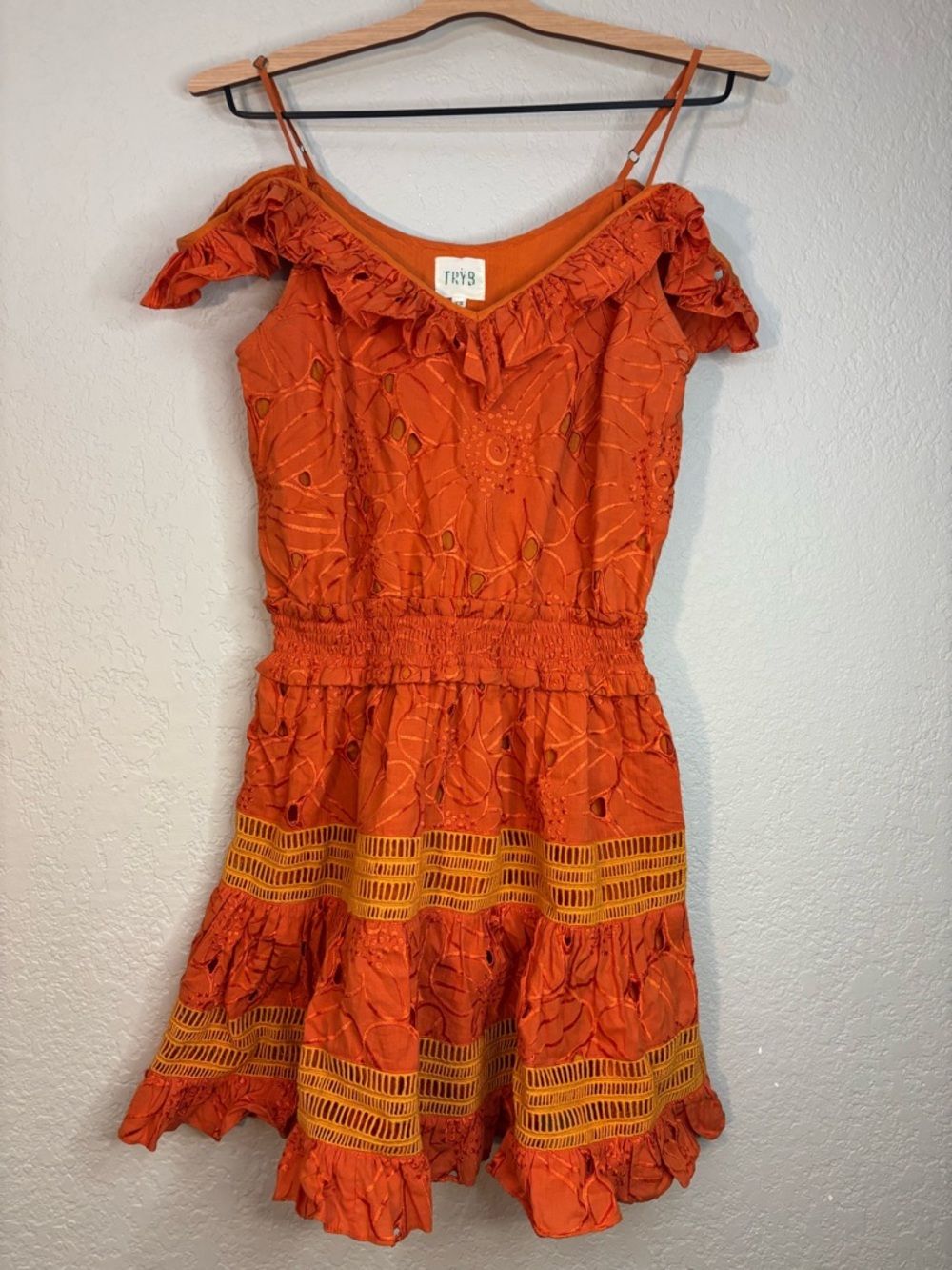 Anthropologie TRYB Orange Eyelet Lace Smocked Ruffle Off Shoulder Dress Size XS